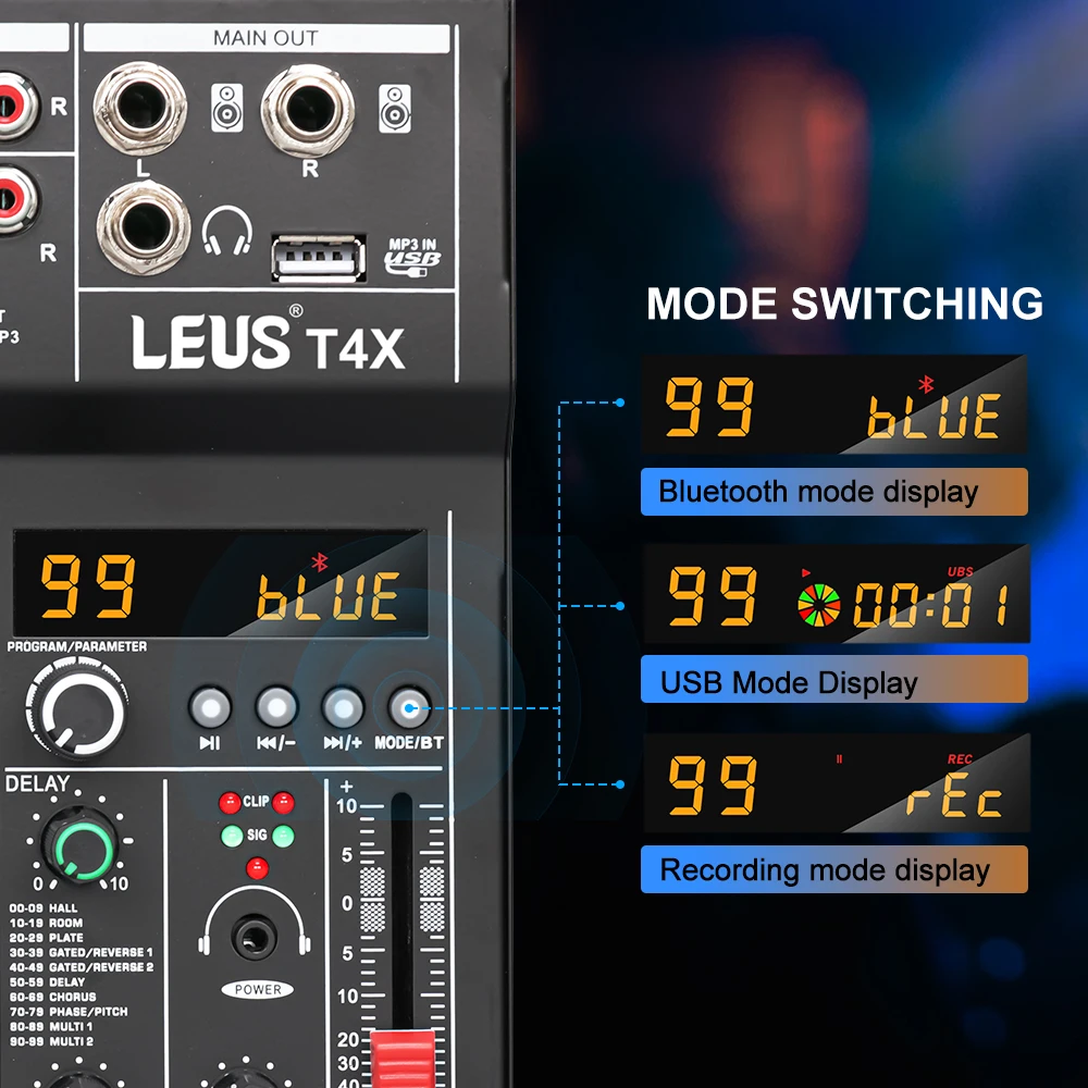 LEUS T4X 4 Channel 99 DSP Effect Audio Mixer Record PC 48V Phantom Power USB Sound Mixers Bluetooth DJ Console Mixing for Karaok