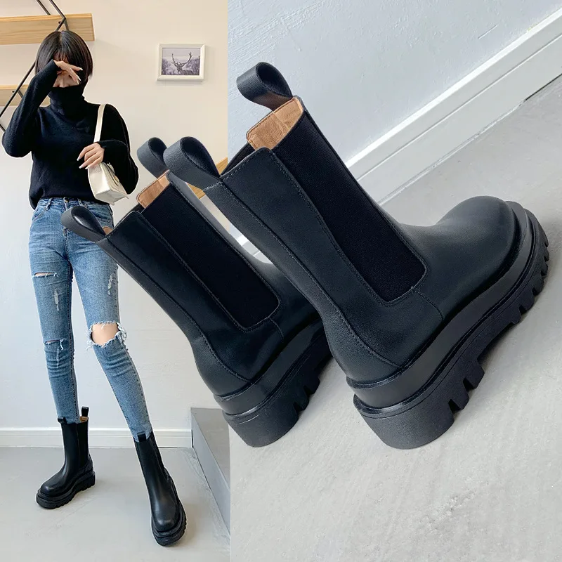 

Same Genuine Leather Chelsea Boots Women's 2023 Autumn/Winter Thick Sole Smoke Pipe Boots Long Sleeve Martin Boots Women's Boots
