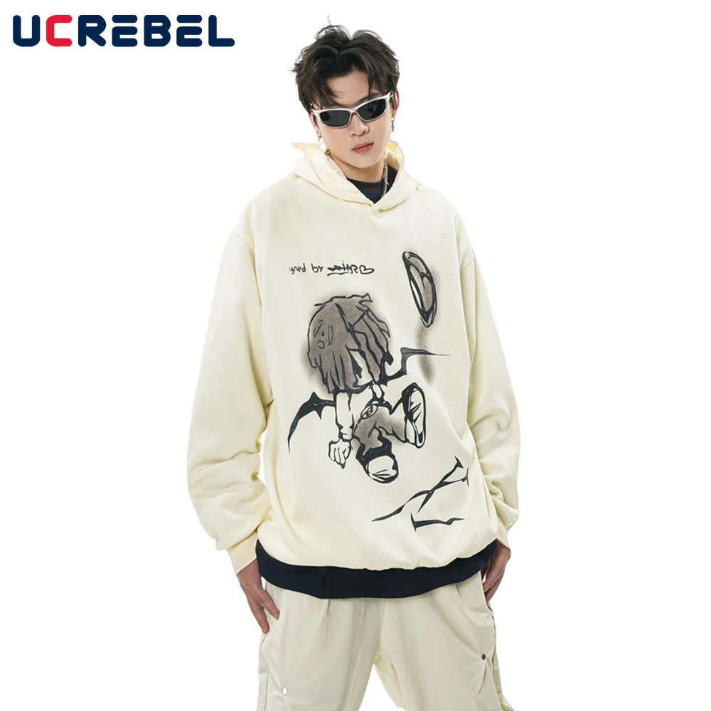 

Streetwear Portrait Print Casual Hooded Sweatshirts Mens Autumn Loose Long Sleeve Drop Shoulder Sweatshirts Men
