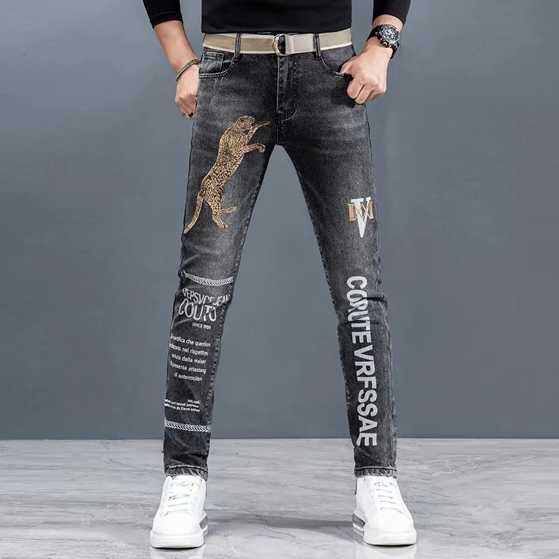Summer Soft Jeans Men's Embroidered Micro Seal Splice High Street Retro Luxury Pants Slim Fit Scratched White Black Comfortable2