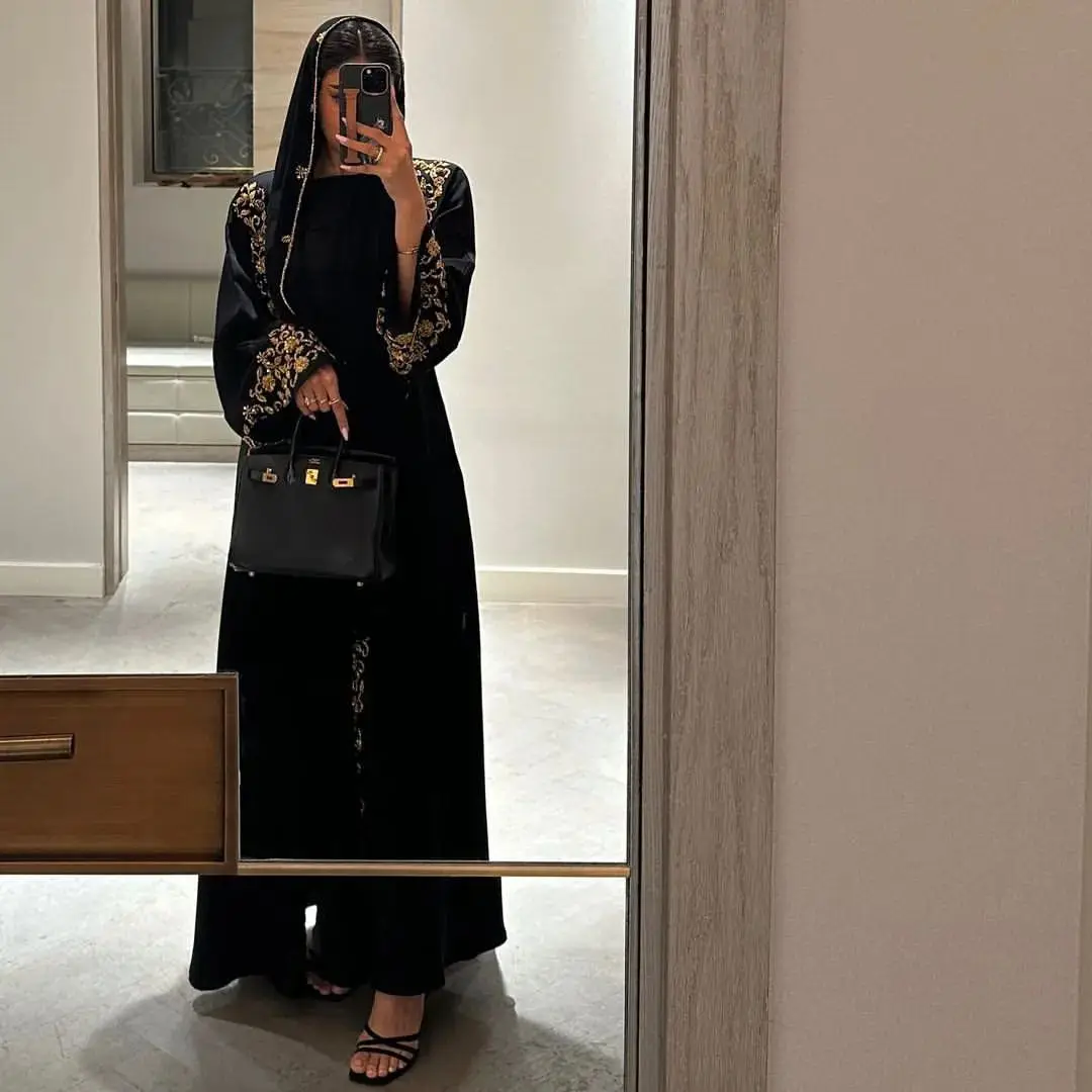 عباية إسلامية ملابس نسائية خرز أظافر فضي أسود، فاخ...