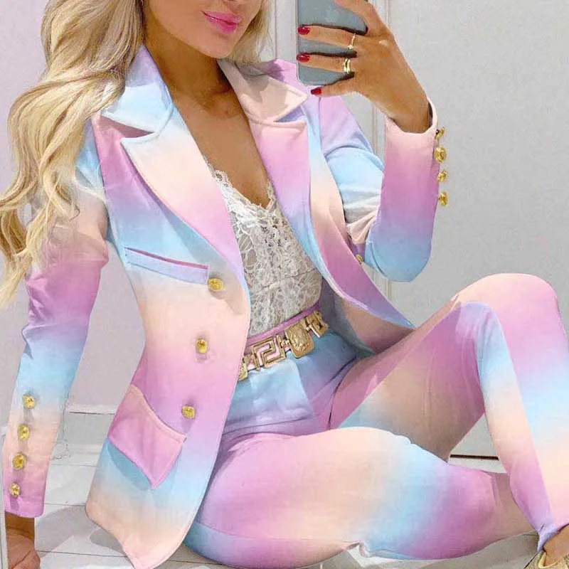 2023 Women New Autumn Lapel Collar Double Breasted Blazer & Tailored Pants Set Long Leggings Suit Elegant 2 Piece Outfits OL solid sport 2 piece matching set women zip up long sleeve crop top long leggings autumn sportsuits workout outfits fitness wear