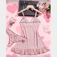 Summer Thin Translucent Sexy Pajamas Polka Dot Mesh Babydoll Strap V Neck Ruffle Hem Pajamas Sheer Nightdress Butterfly Knot