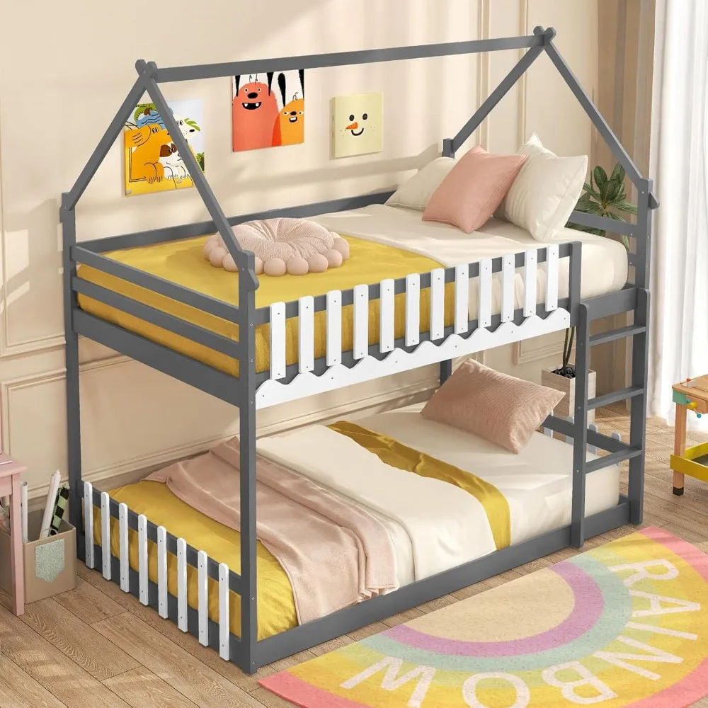 Children Beds, Bunk Bed Twin Over Twin, Wood House Low Bunk Bed with Ladder & Fence Safety Guardrail, Space-Saving 4