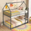 Children Beds, Bunk Bed Twin Over Twin, Wood House Low Bunk Bed with Ladder & Fence Safety Guardrail, Space-Saving 4
