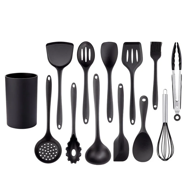 Black silicone cooking utensils set non-stick pan baking tools kitchenware slotted turner spatula spoon food tongs kitchen kit