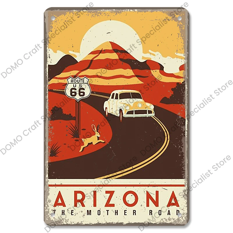 Targa Metallica Vintage Route 66 Map - Decorazione Parete Stile Americano Per Garage E Camera Da Letto