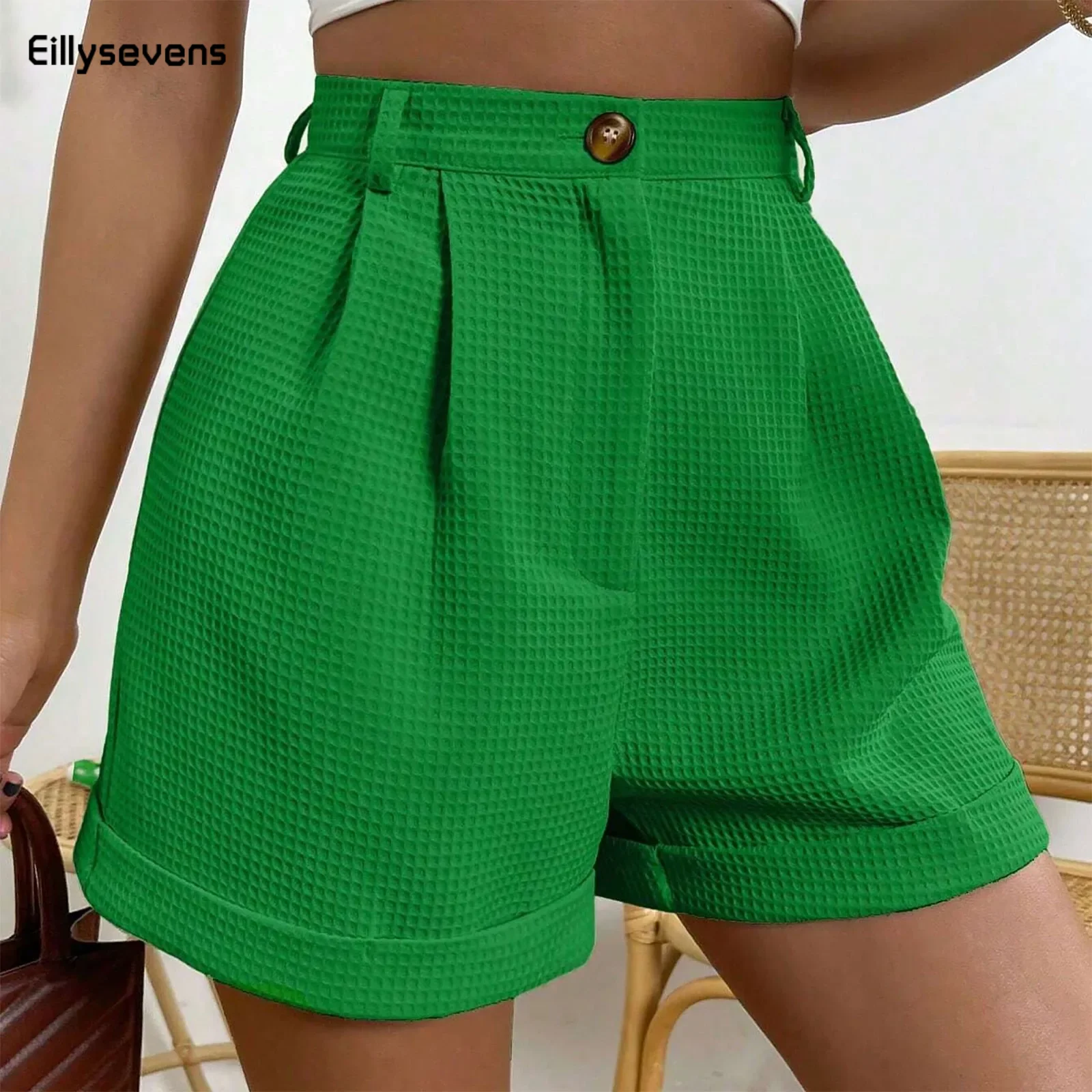 

Waffle Women'S Shorts Hot Pants Sports Shorts Homewear Bottoms Solid Color Elastic Pockets Casual High Waisted Lady Loose Short