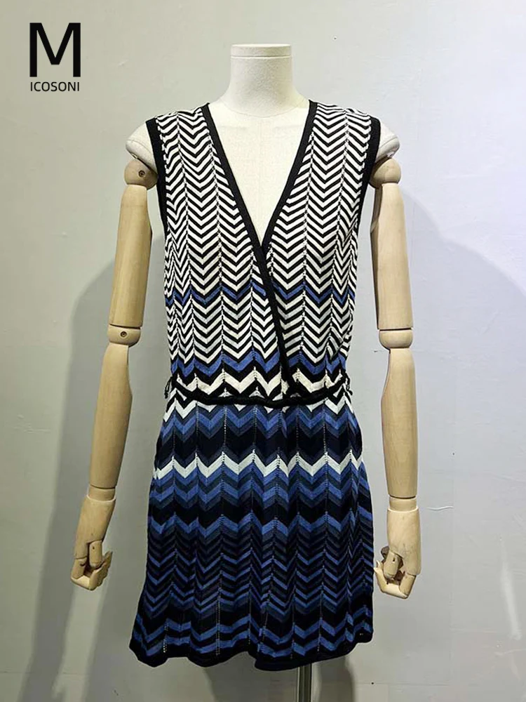 

Micosoni Elegant Texture Slimming Knit Sleeveless Dress Atmospheric Fashion Blue Ripple Pattern Somen's Clothing One Size