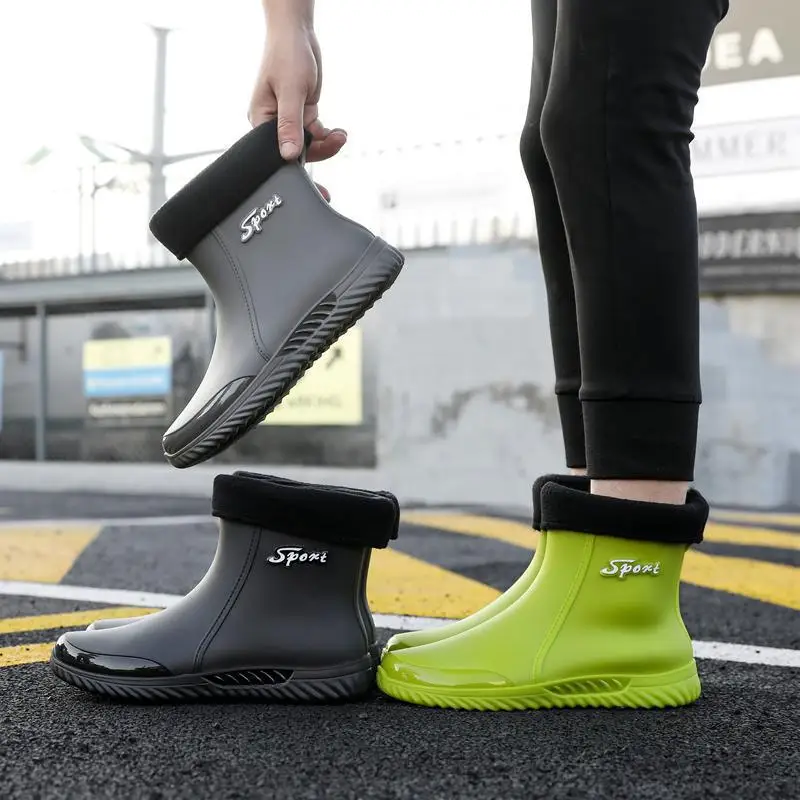 

New Men's PVC Ankle Rain Boots Casual Fishing Rainboots Outdoor Waterproof Water Shoes Wellies Boots Slip-on Kitchen Boots