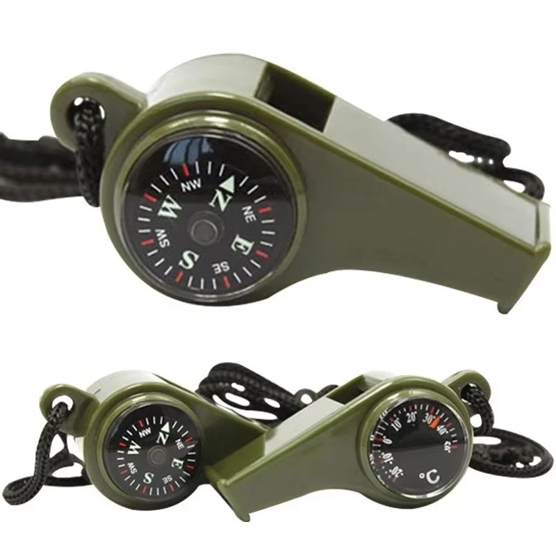 3 in1 Camping Hiking Emergency Survival Gear Whistle Compass Thermometer Outdoor Need ArmyGreen Color Rope survival whistle survival tool