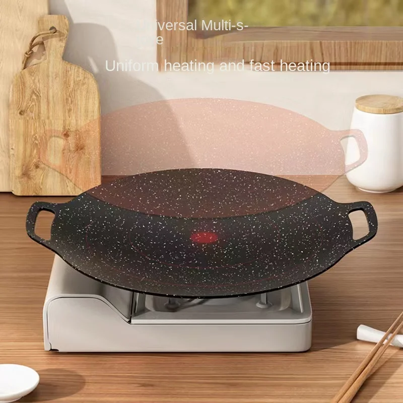 Round Threaded Frying Pan Korean Style BBQ Grill Pan with Ear Handle Non  Stick Stovetop Barbecue Plate for Outdoor Camping - AliExpress