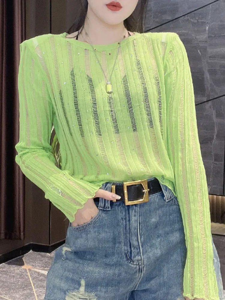 

Women Spring Autumn Pullvoers Small Hollow Shoulder Pad Knit Top New Loose Sexy Round Neck Long Sleeve Underlay Shirt D5233