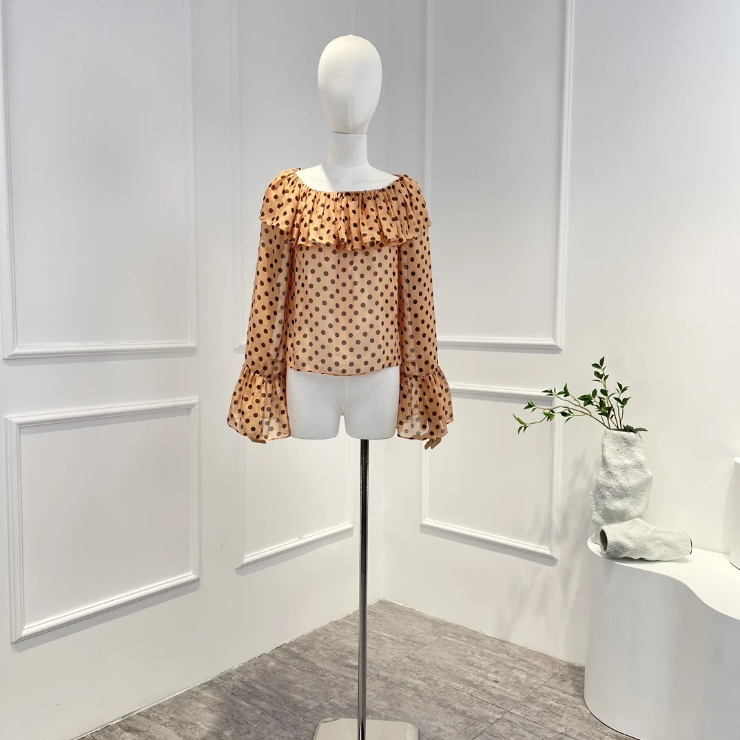 

New High Quality Silk Women Vintage Tops Long Flare Sleeve Polka Dot Printing Folds Ruffed Casual Style Blouse Spring Summer