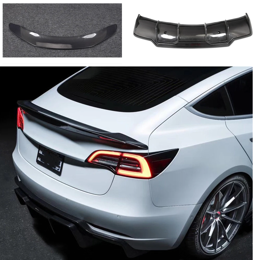 

Carbon Fiber Car Rear Trunk Spoiler Lip Wing & Rear Bumper Lower Diffuser Lip For Tesla Model 3 2017-2023