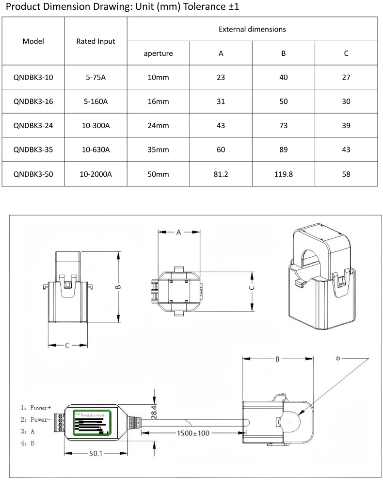 Split Core Strom Transforemr Modbus QNDBK3-10 Ac 5A 10A 20A 50A 100A RS485 Sensor Wandler Clamp Ct Offener Stromsender – Detail 2