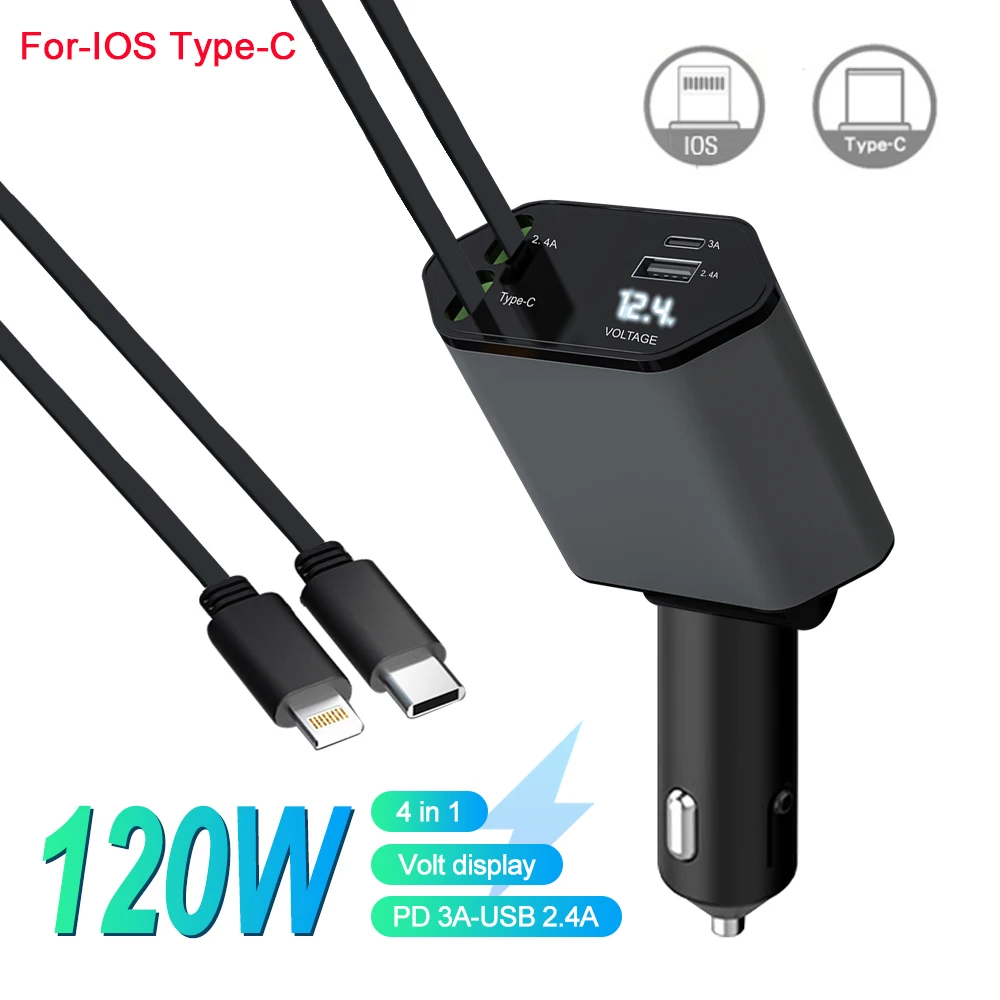 4-in-1 With 2 Retractable Cables 120W Fast Power Adapter Car Charger With Starlight For IOS Android Phones_voghion.com