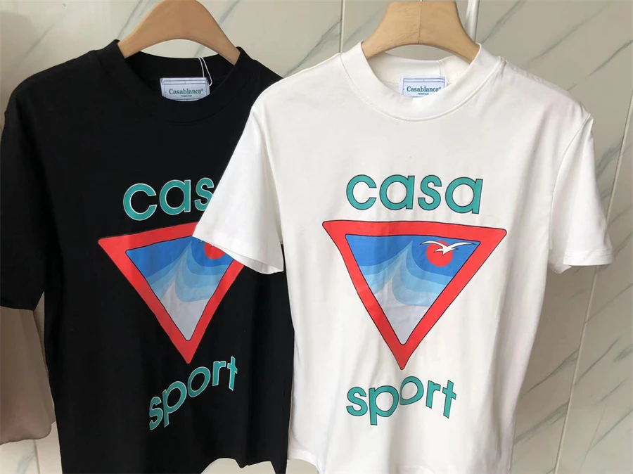 

2023SS Casablanca Seagull Wave Letter Logo T Shirt Men Women Couple Triangle Tee Top Inside Tags Hip Hop Clothing