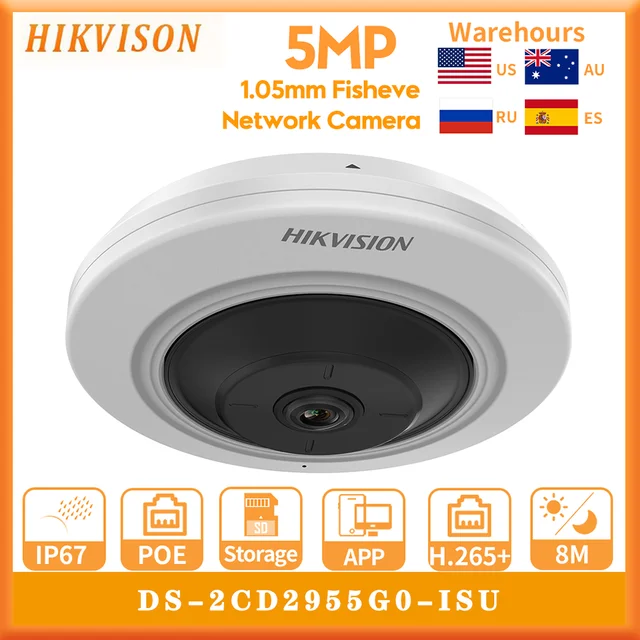 Hikvision 오리지널 DS-2CD2955G0-ISU 어안 IP 카메라, 내장 마이크 돔 네트워크 카메라, 오디오 알람 I/O, H.265 + IR POE, 180 °, 5MP