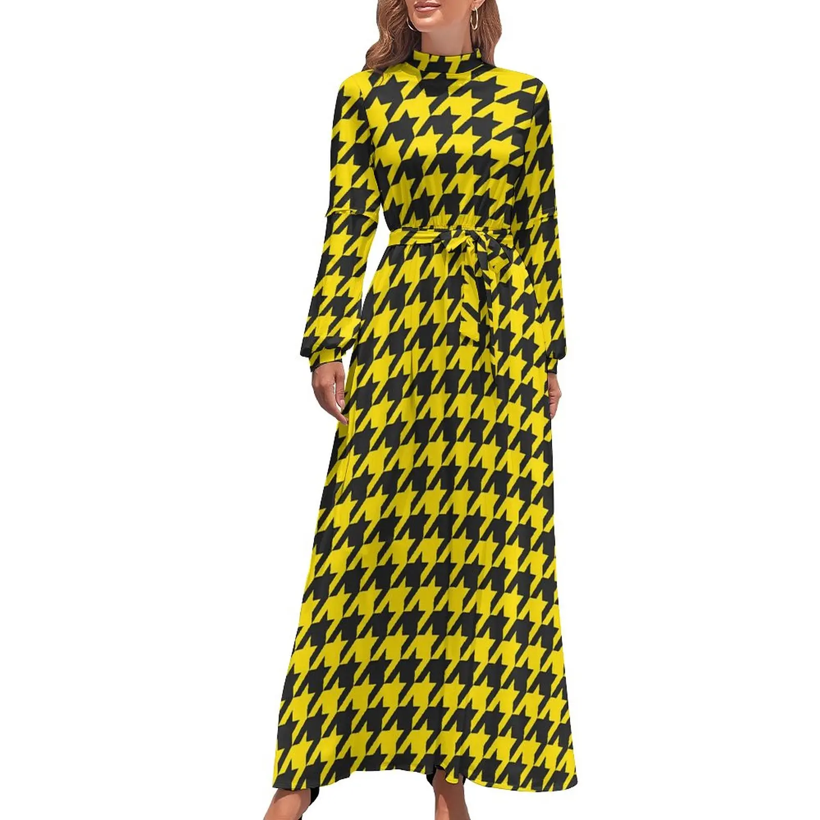 

Houndstooth Check Dress High Waist Cute Yellow Black Design Beach Dresses Long Sleeve Stylish Long Maxi Dress Cute Vestidos
