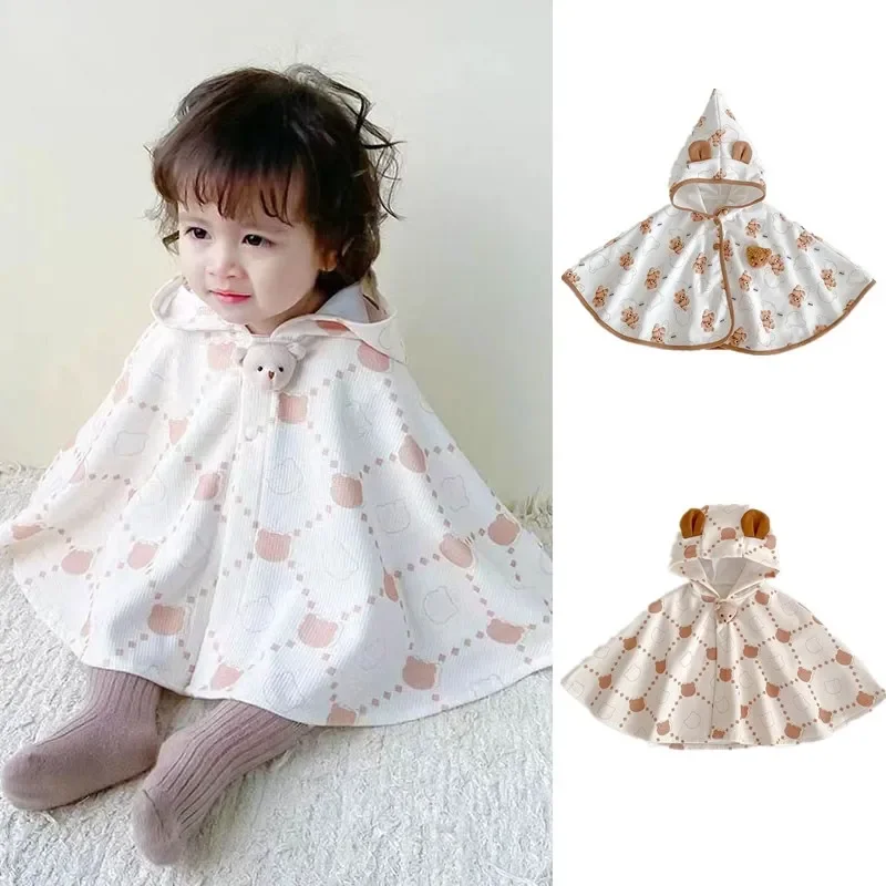 Toddler Baby Bear Hooded Poncho Cape Soft Cotton Cloak Wrap Jacket For Girls Boys Spring Autumn Newborn Outerwear Cover Up