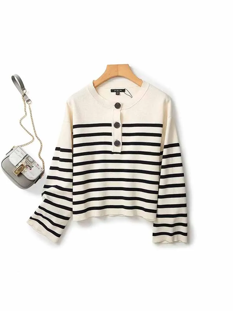 

Women Autumn New Fashion Buckle decoration Casual striped Knitted Sweater Vintage O Neck Long Sleeve Female Outerwear Chic Tops