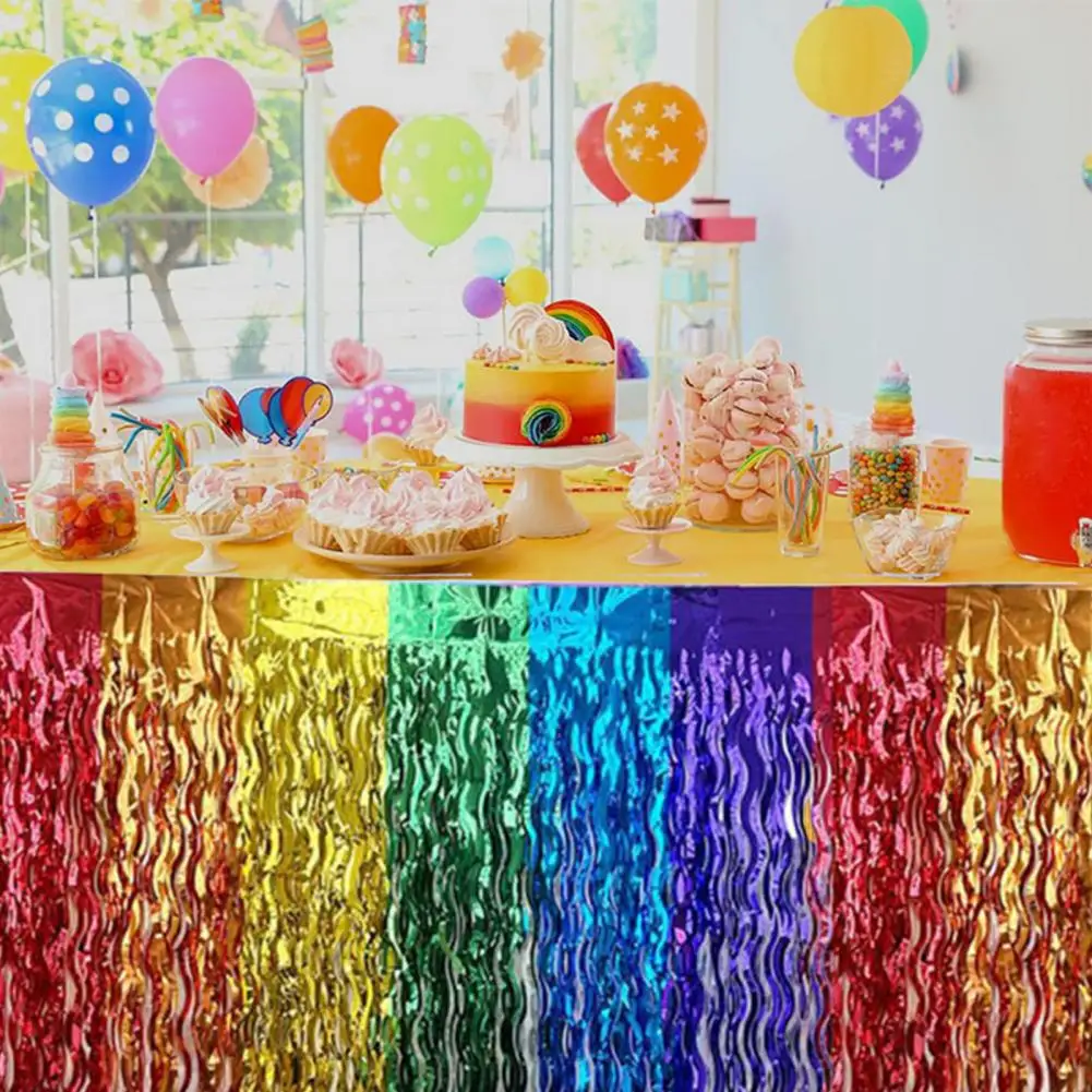 Table Skirt Wavy Metallic Tinsel Foil Fringe Reusable Waterproof Dense Beach Jungle Parties Ceremony Birthday Party Decoration T