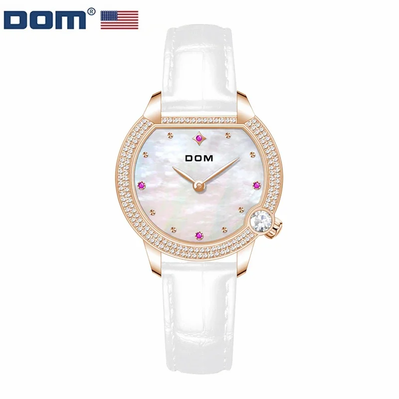 

DOM 1529 Quartz Watch Women Casual Fashion Diamond Golden Watches White Leather Pointer Ladies Wristwatches for Girls Clock Gift