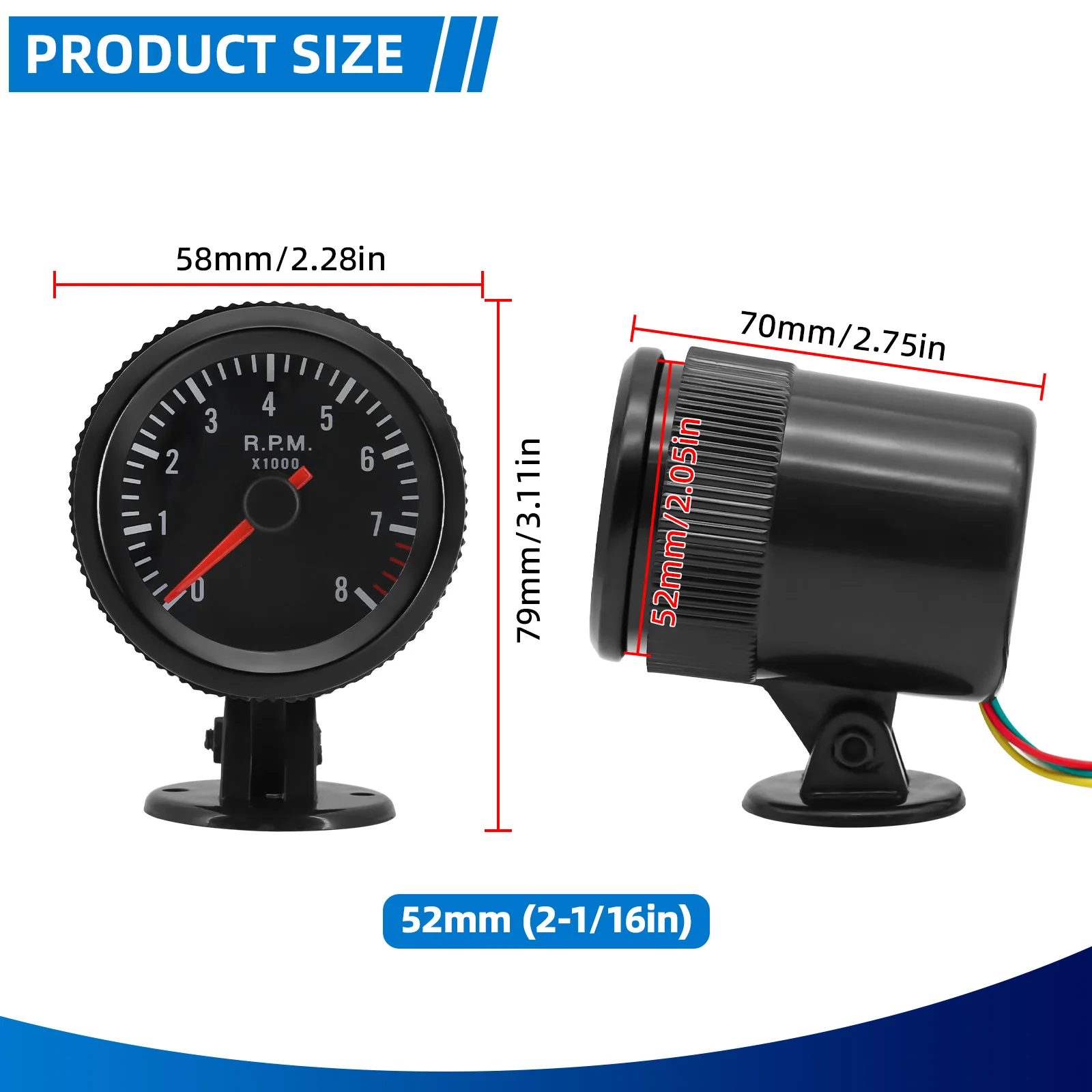 흰색 백라이트 2 52mm RPM 타코미터 자동차 타코미터 게이지 0-8000RPM 자동차 미터 1-8 실린더 가솔린 용 블랙 케이스 타코