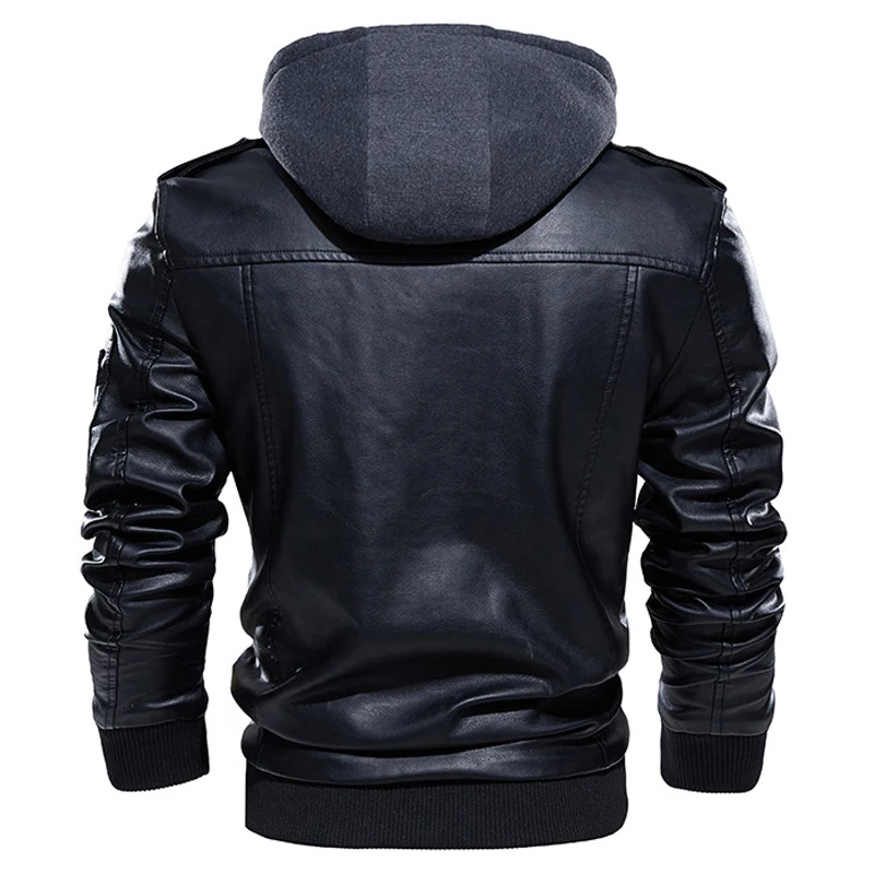 Leather Jackets Men Winter Jacket Vintage Hooded Collar Club Bomber PU Leather Motorcycle Casual