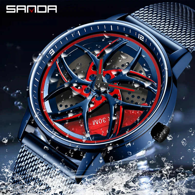 

Sanda 1091Hot Sale 360 Degree Rotating Car Wheel Hollow Out Design Dial Waterproof Quartz Movement Wrist Analog Watch 2023