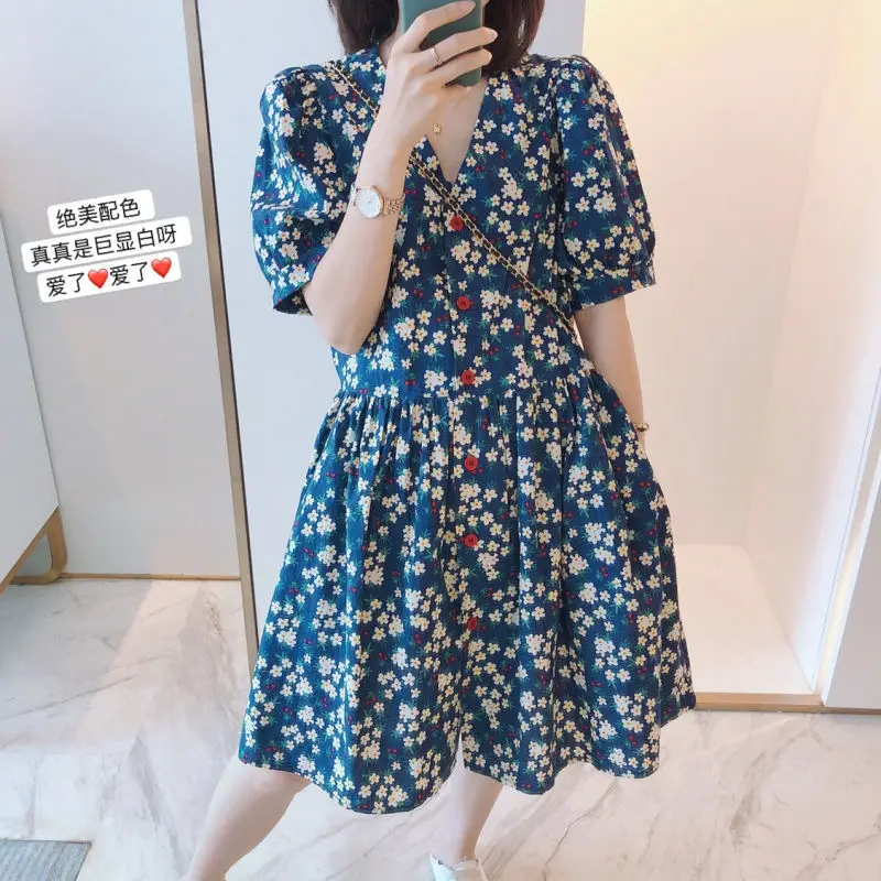 Summer New Vintage Floral Ladies Dresses V Neck Short Sleeve Loose Button Mini Dress Fashion Elegant