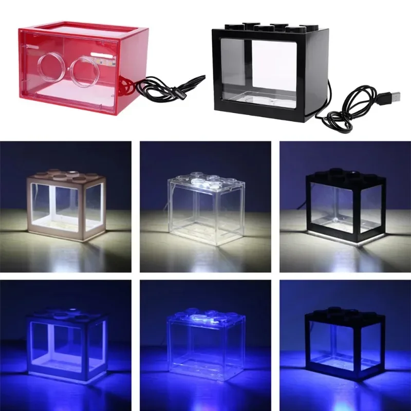 1L USB LED Desktop Mini Aquarium Fish Tank Lamp Betta Fish Fighting Cylinder Decoration Small Creative Tank Blocks Stacked