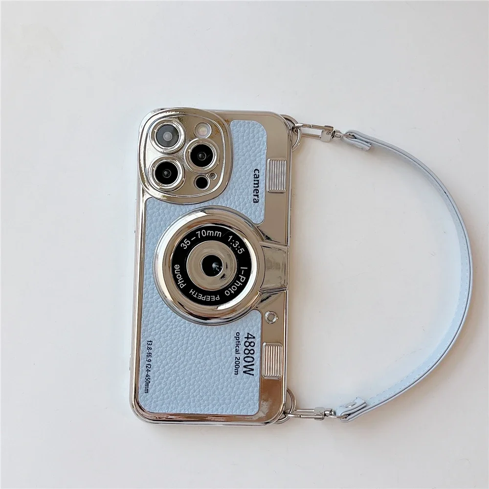 Luxury Retro Stereo Camera Hand Lanyard Phone Case with Leather Pattern