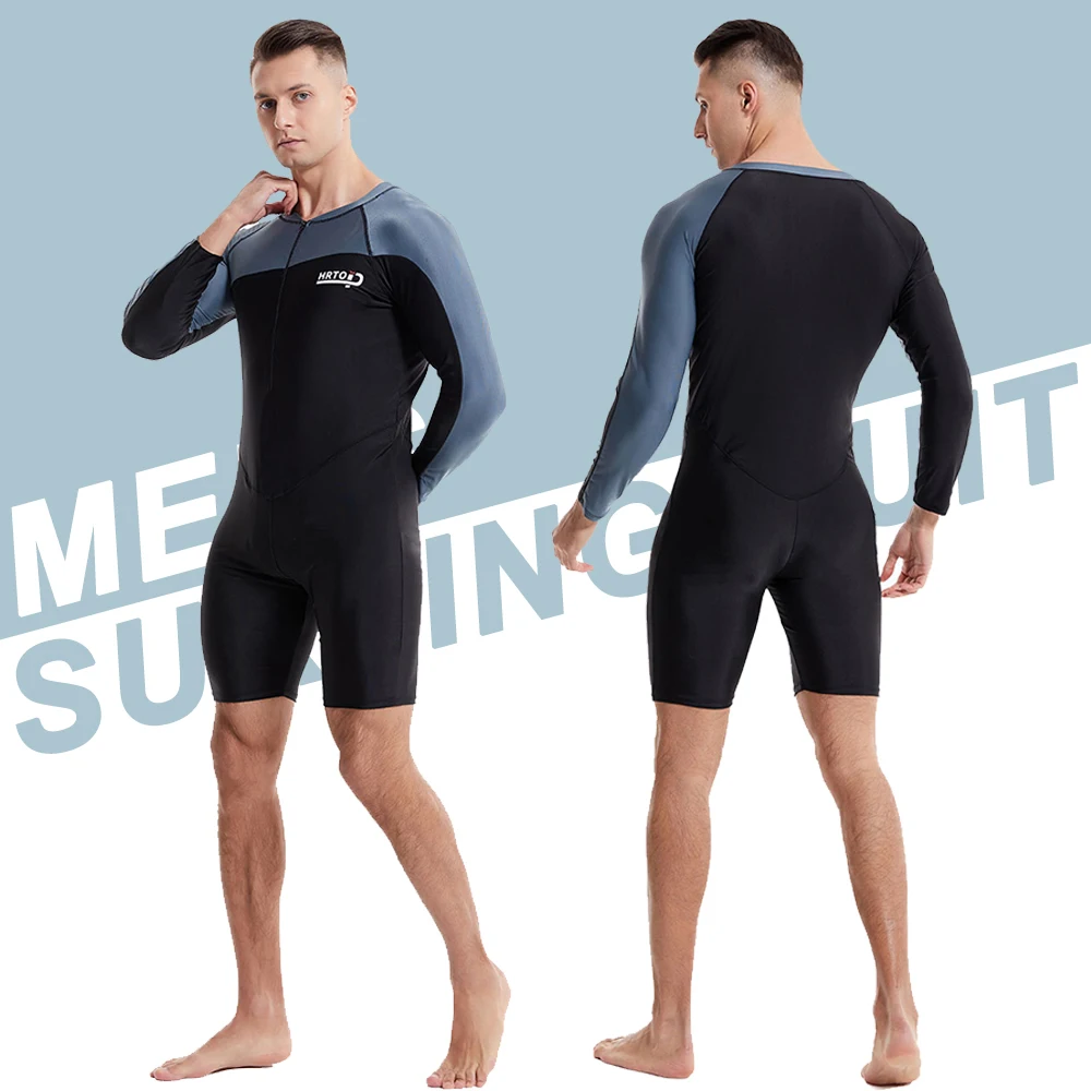 Men's Long-sleeved One-piece Swimming Suit Beach Male Shorty Quick-drying Sun Protection Zip Swimsuit Surfing Suit Water Sports