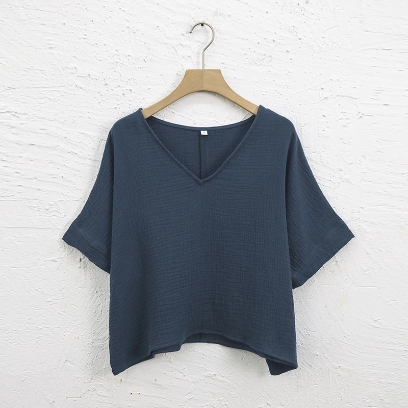 Muslin 100% Cotton Short Sleeve Tee Sexy V-Neck Oversized T-Shirt Streetwear Top Shirts And Blouse Lady Pulovers Camisetas 4