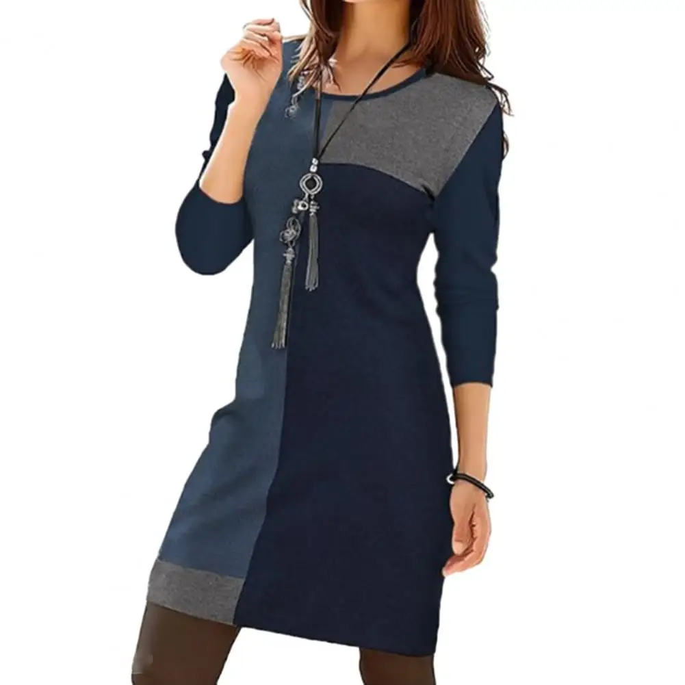 

Vintage Women Dress Loose Color Matching Geometric Round Neck Long Sleeve Pullover Spring Mini Dress