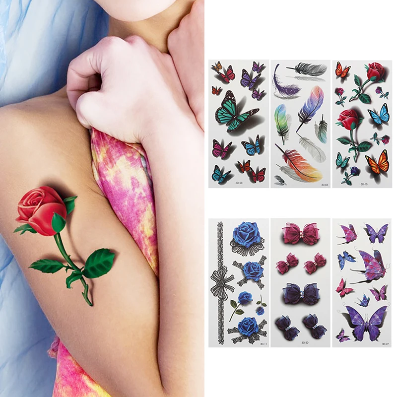 1Pcs Temporary Tattoos Sticker Women Body Art  3D Butterfly Rose Flower Feather Tattoo Waterproof Tattoo Sticker