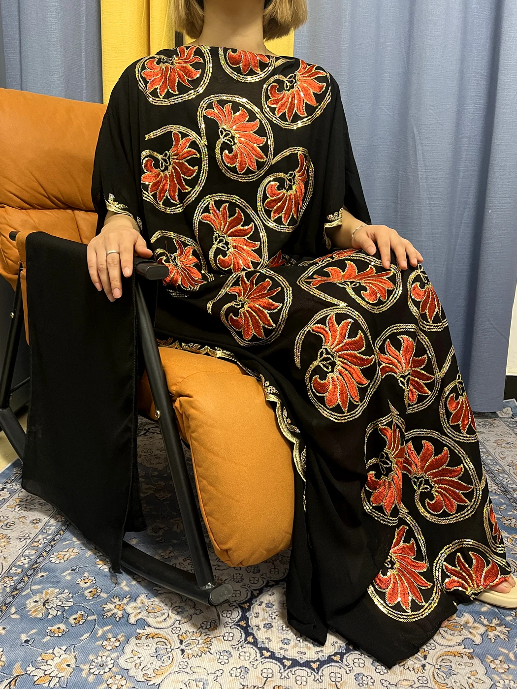 Abayas For Women Black Sequins Flower Tulle Robe Muslim Fashion African Woman Loose Dresses Turkey Islam Clothing With Turban