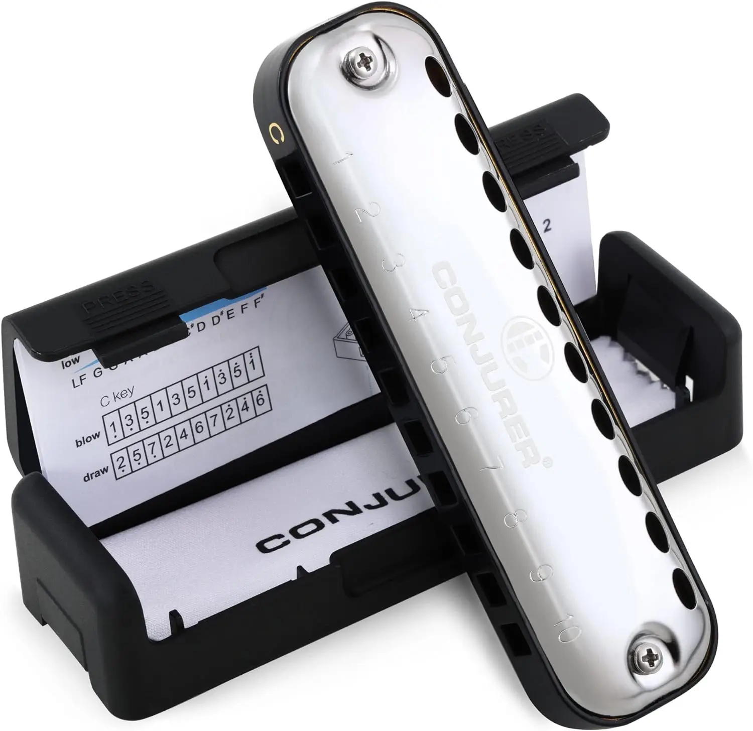 CONJURER 10 홀 다이아토닉 하모니카, 부드러운 둥근 모서리, 케이스 포함 C 키 