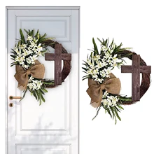 

Easter Simulation Cross Wreath Plant Flower Decoration Door Pendant Rattan Ring Front Door Wreath Spring Decoration With Burlap