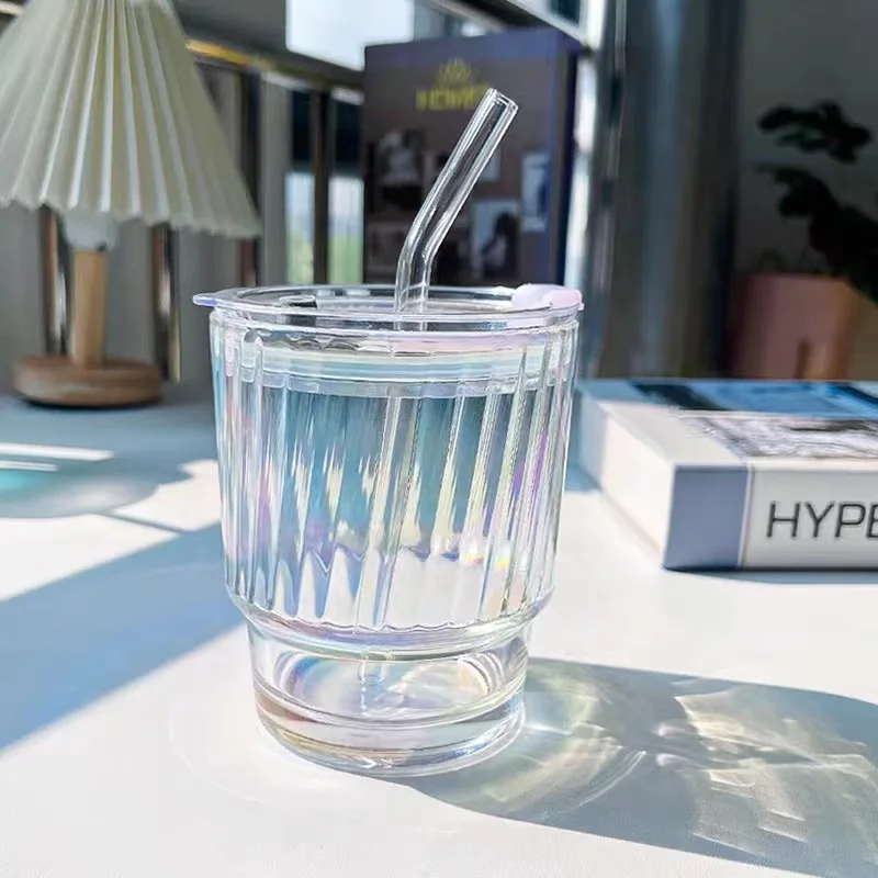 350ml Simple Stripe Coffee Glass Cup With Lid and Straw Transparent Bubble Tea Cup Household Ice Cream Yogurt Milk Juice Mug