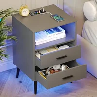 Nightstand with Wireless Charging Station with RGB Light,with Human Sensor, 2 Drawers & Open Shelf(Grey) 2