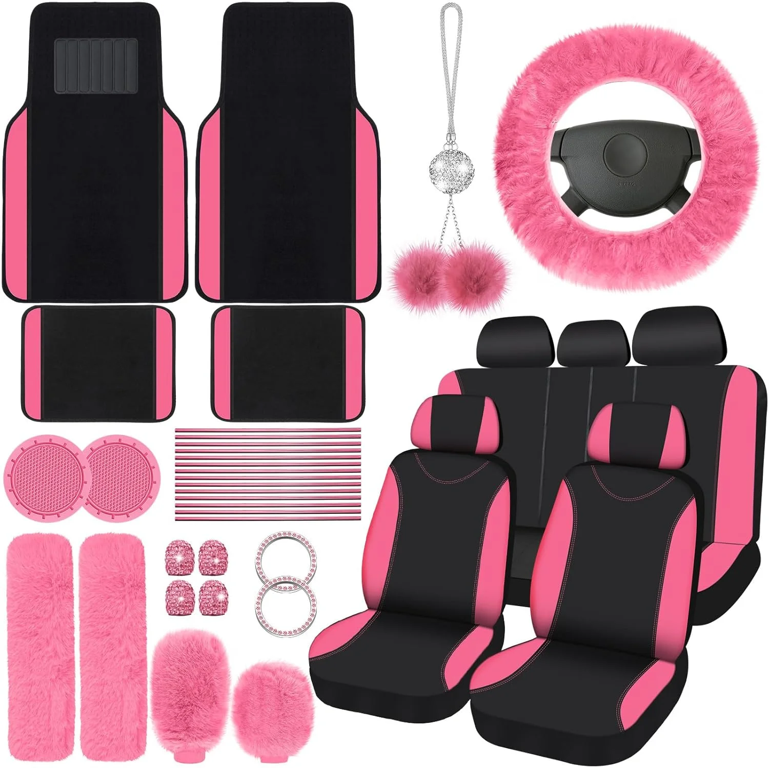 47-Piece Universal Fluffy Car Seat Cover Full Set with Steering Wheel & Seat Belt Covers – Complete Car Interior Accessory Kit 1