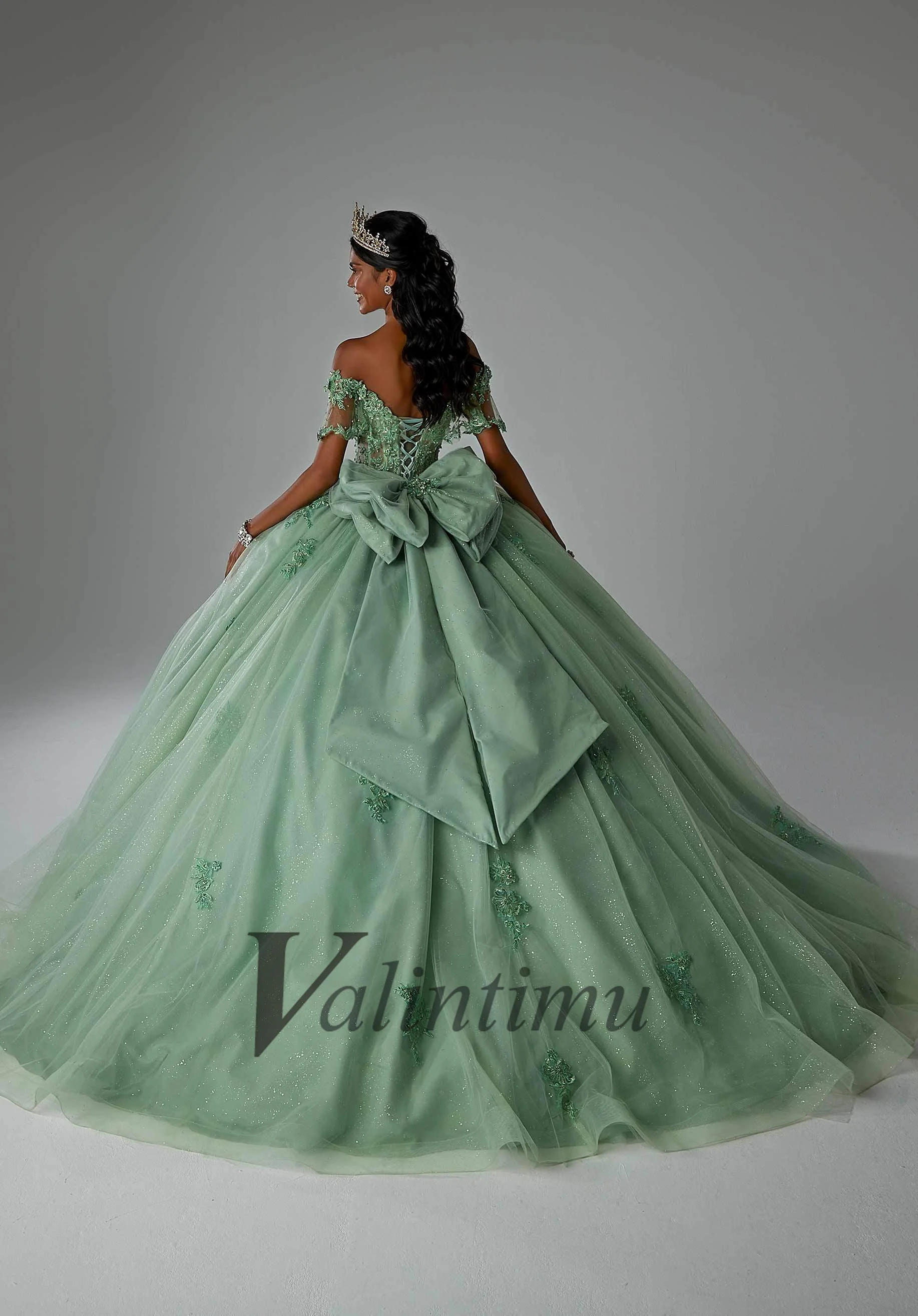 Ball Gown Quinceanera Dress for Girl Glitter Off the Shoulder Big Bow Appliques Vestidos De 15 Anos Customized