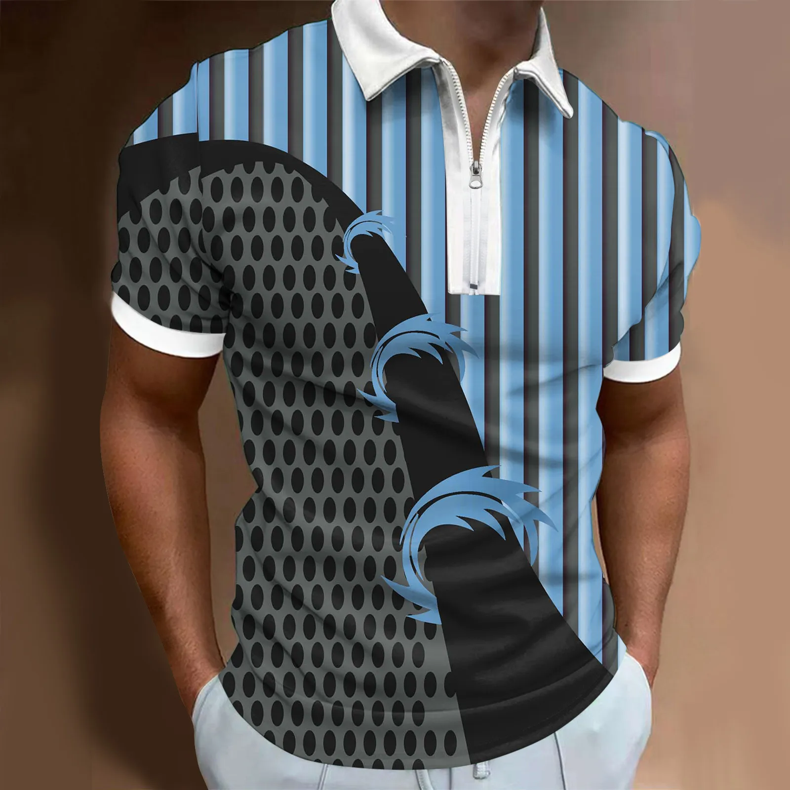 

Мужская летняя футболка с цифровым 3D-принтом, праздничная Пляжная футболка с отворотом, на молнии, с коротким рукавом, в стиле ретро