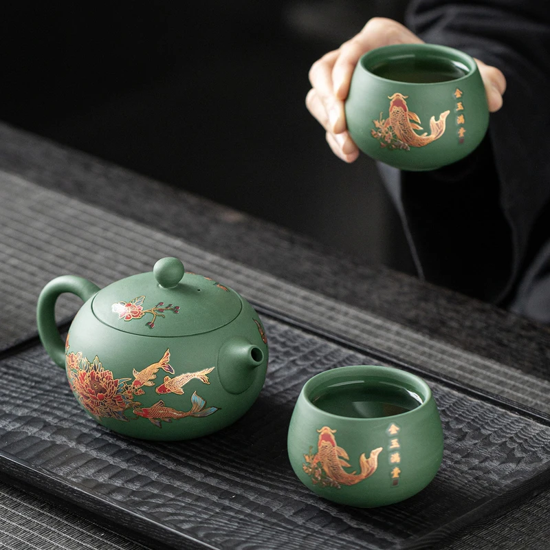 Chinese Style High temperature discoloration Teapot, Purple Clay Raw ore green mud, Kung Fu Household 210ml One pot and two cups