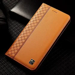 Luxury Cowhide Leather Flip Case with Grid Pattern and Card Pocket Wallet for OnePlus Nord 5 (Brown)