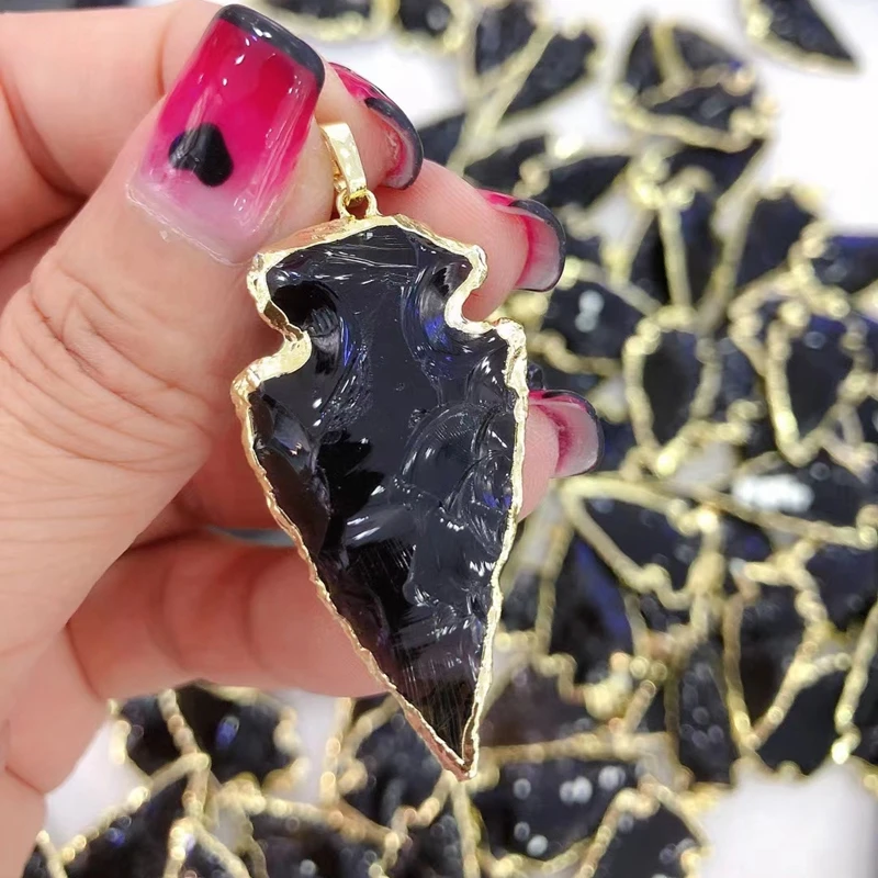 Vintage Gold Plated Natural Opal Black Obsidian Arrowhead Pendant Crystal Hand Knocked Craft Charm Woman Jewelry Making Necklace 2