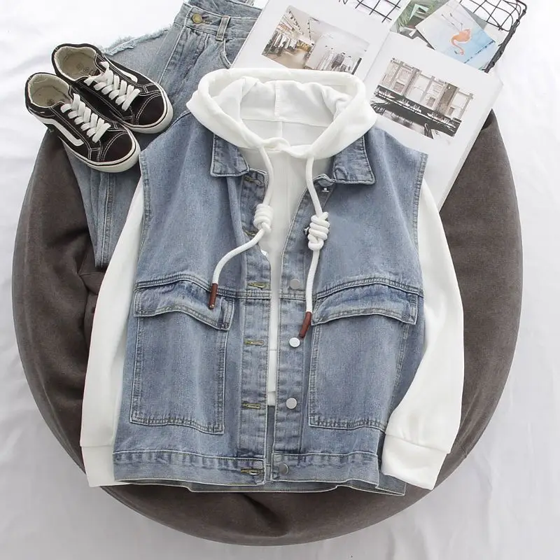 

Women's Thin Hooded Pullovers Korean Style Casual Solid Color Drawstring Sweatshirts & Denim Vest Outerwear Two Pieces Set